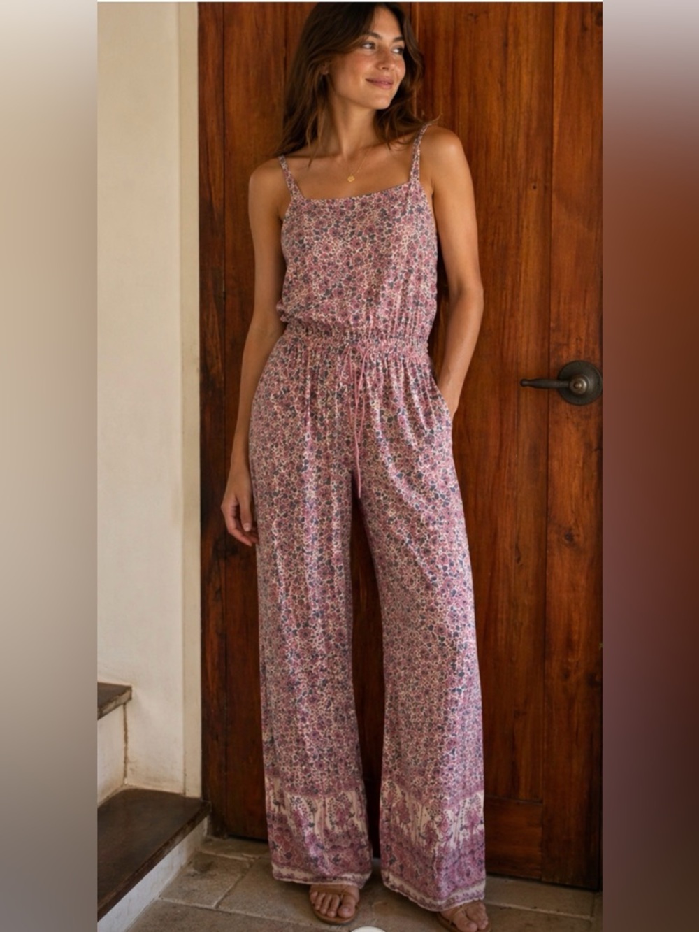 RAGA size medium Floral Pink Smocked Waist Spaghetti Strap Jumpsuit